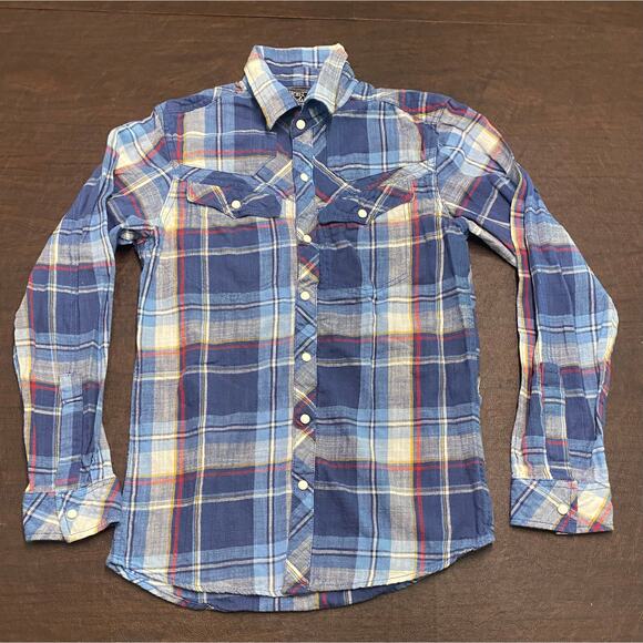 Broken Threads Blue Plaid Pearl Snap Western Shirt Small Coastal Cowgirl Flannel - Picture 1 of 6